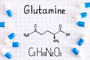 Chemical formula of Glutamine with some pills. Close-up. clipart