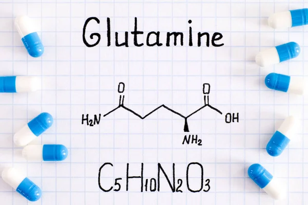 Chemische Formel Von Glutamin Mit Einigen Pillen Nahaufnahme — Stockfoto