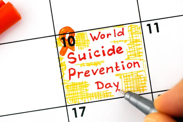 Dedos Mulher Com Caneta Escrevendo Lembrete Dia Mundial Prevenção Suicídio — Fotografia de Stock