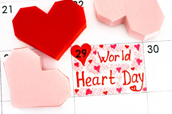 Reminder World Heart Day Calendar Red Pink Origami Hearts September — Stock Photo, Image