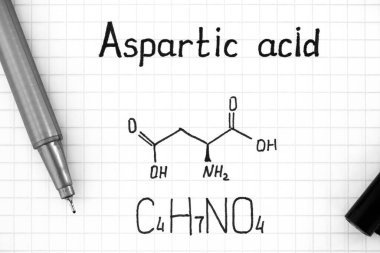 Chemical formula of Aspartic acid with pen. Close-up. clipart