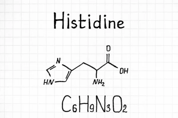 Fórmula Química Caligrafia Histidina Close — Fotografia de Stock