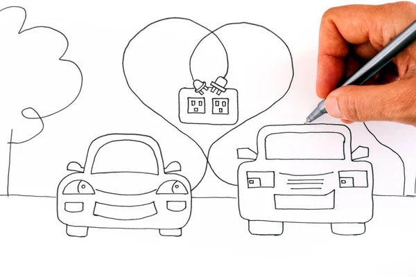 Woman Hand Pen Drawing Picture Two Electric Cars Love Ready — Stock Photo, Image