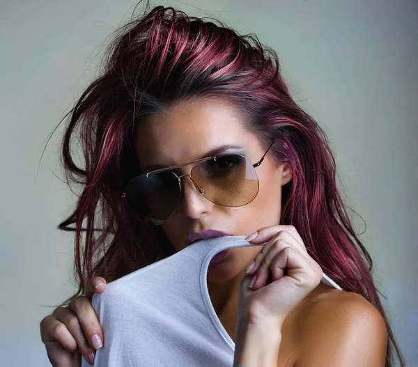 Red Pink Hair Lady Sunglasses Blue Background — стоковое фото