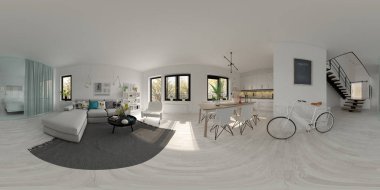 Küresel 360 panorama projeksiyon İskandinav tarzı iç tasarım 3d render