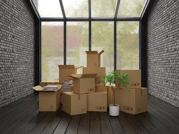 Wnętrze z pakowane pudełka tekturowe relokację renderowania 3d — Zdjęcie stockowe