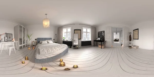 Proyección panorámica esférica 360 Dormitorio interior Representación 3D — Foto de Stock