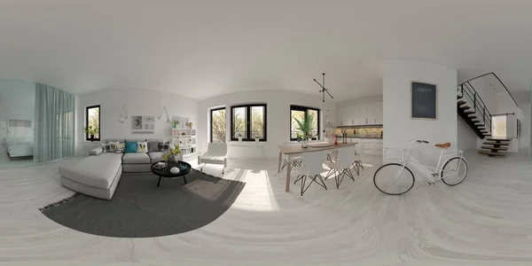 구형 360 파노라마 프로젝션 스칸디나비아 스타일 인테리어 디자인 3d 렌더링 — 스톡 사진