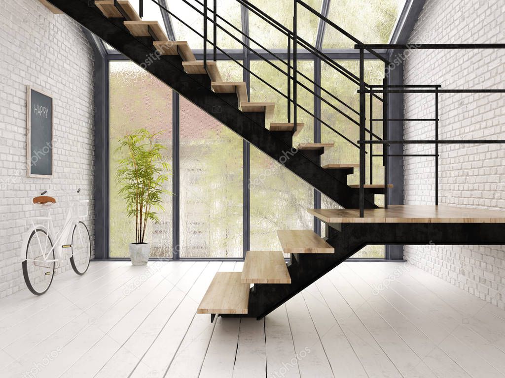 Loft style interior design 3 D rendering