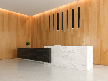 Bir lobi otel Resepsiyon 3d illüstrasyon iç