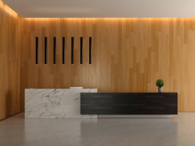 Bir lobi otel Resepsiyon 3d illüstrasyon iç