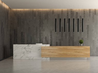 Bir lobi otel Resepsiyon 3d illüstrasyon iç