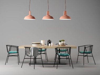 Masa ve sandalyeler kavramı 3 D illüstrasyon iç tasarım Oda