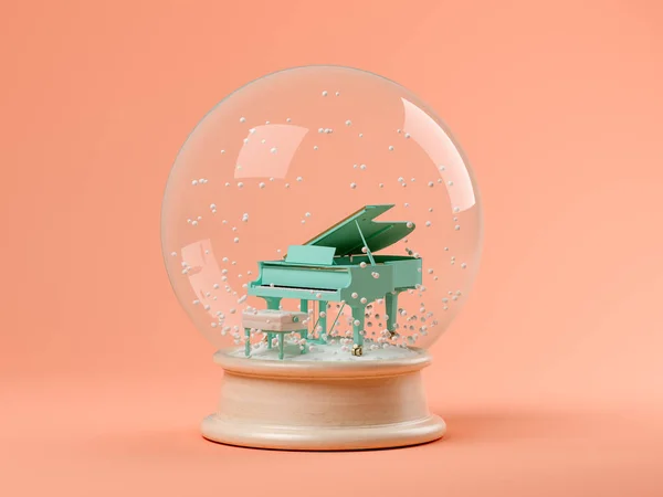 Globo de neve com piano sobre fundo rosa ilustração 3D — Fotografia de Stock