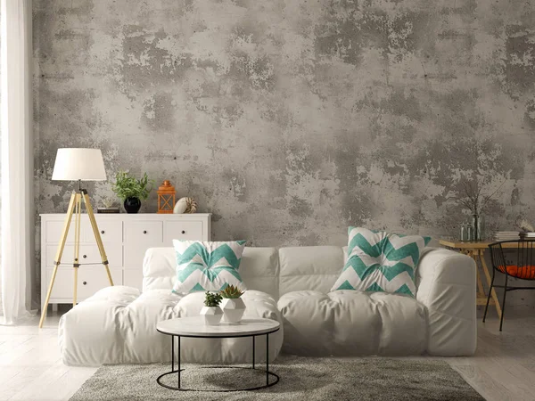 Modern oturma odası kanepe ve mobilya 3d render ile iç