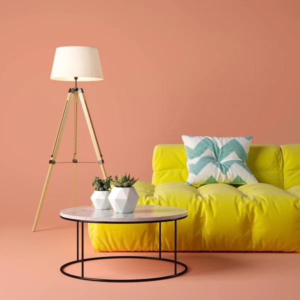 Interior da moderna sala de estar com sofá e mobiliário 3D renderização — Fotografia de Stock