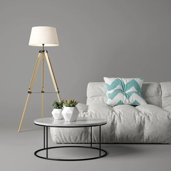 Belső tér modern nappali kanapéval és bútorok 3d-leképezés — Stock Fotó