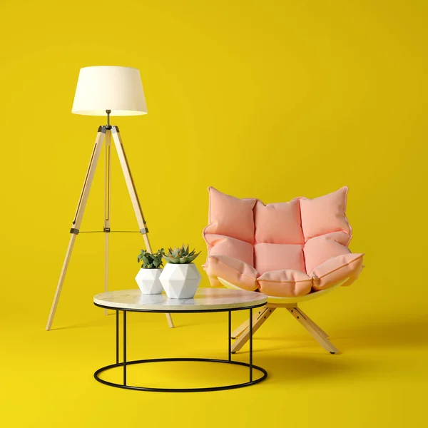 Interior de la moderna sala de estar con sillón y muebles de representación 3D —  Fotos de Stock