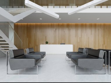 Bir otel office lobi spa resepsiyon 3 D illüstrasyon iç