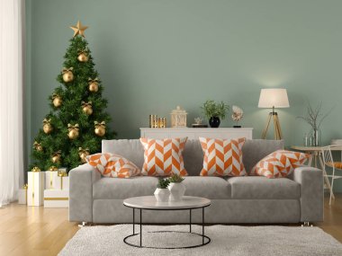 İçinde 3 boyutlu noel ağacı olan modern oturma odası.