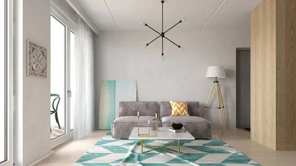 Interiør af moderne stue med sofa og møbler 3D rendering - Stock-foto