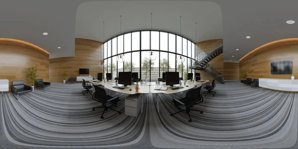 Proyección panorámica esférica 360 Espacio abierto interior oficina Ilustración 3D —  Fotos de Stock
