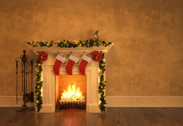 壁炉与圣诞装饰3d 渲染 — 图库照片