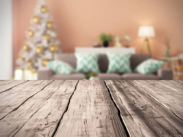 Fondo de mesa e interior de la sala de estar moderna con renderizado 3D árbol de Navidad — Foto de Stock