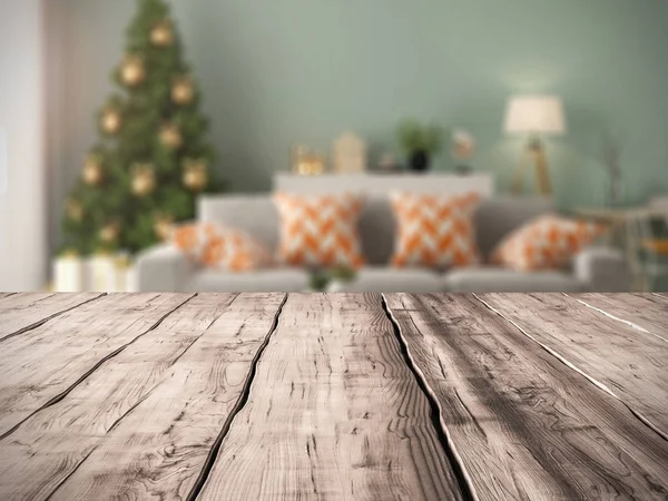 Tablo arka plan ve modern oturma odası Noel ağacı 3d render ile iç — Stok fotoğraf