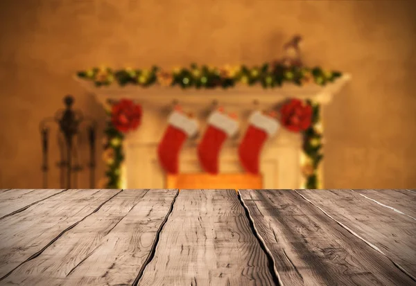 Fondo de mesa con decoración de Navidad chimenea 3D renderizado —  Fotos de Stock
