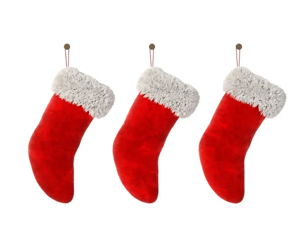 Três meias de Natal isoladas em fundo branco renderização 3D — Fotografia de Stock