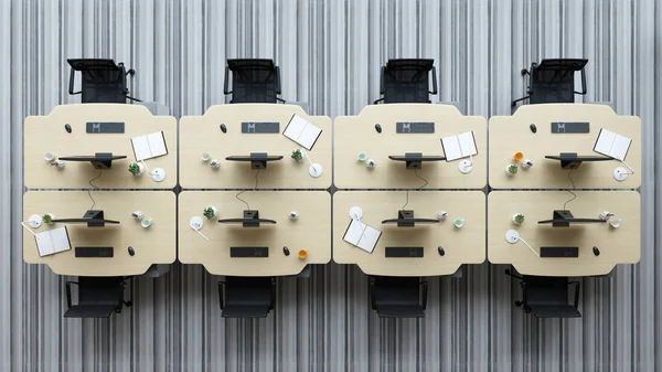 Вид зверху Інтер'єр сучасного офісу відкритого простору 3D ілюстрація — стокове фото