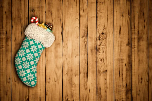 Julstrumpa på gamla trä bakgrund 3d-rendering — Stockfoto