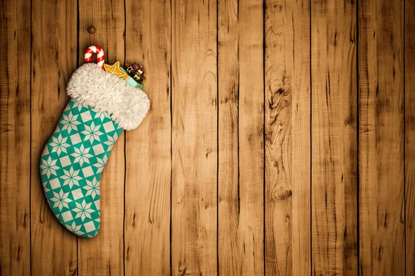 Medias de Navidad sobre fondo de madera viejo 3D renderizado — Foto de Stock