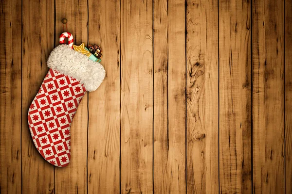 Χριστουγεννιάτικη κάλτσα στο παλιό ξύλινο φόντο 3d rendering — Φωτογραφία Αρχείου