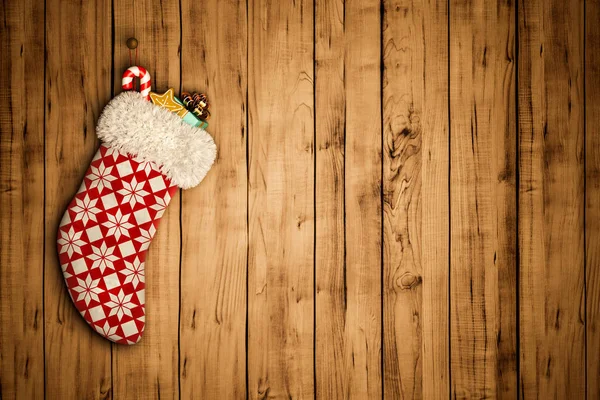 Christmas stocking on old wooden background 3D rendering — Stock Photo, Image