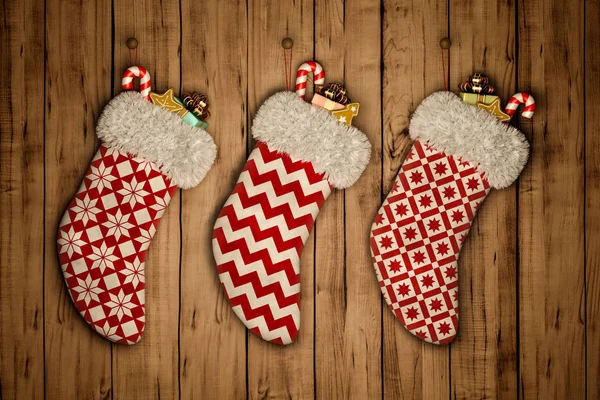 Christmas stocking on old wooden background 3D rendering — Stock Photo, Image