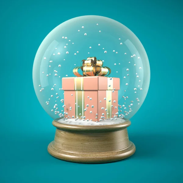 Caja regalo rosa en bola de nieve Ilustración 3D — Foto de Stock
