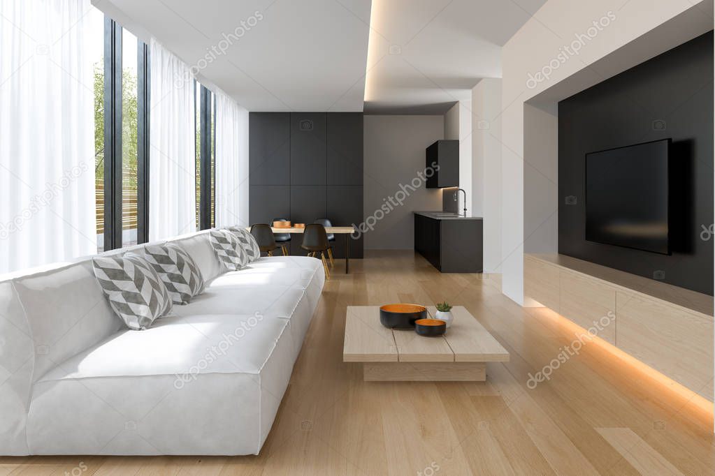 Interior of modern living room with sofa and furniture 3 D rendering