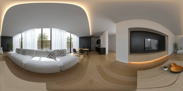 Küresel 360 panorama projeksiyon İskandinav tarzı iç tasarım 3d render — Stok fotoğraf