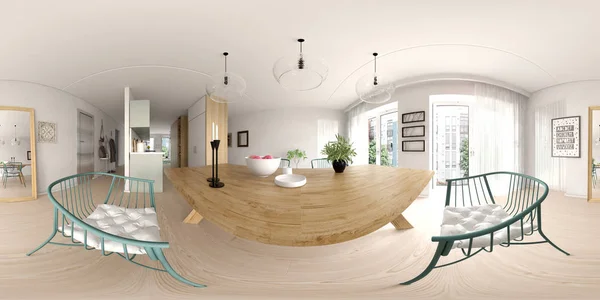 Sferische 360 Panorama Projectie Scandinavische Stijl Interieur Rendering — Stockfoto