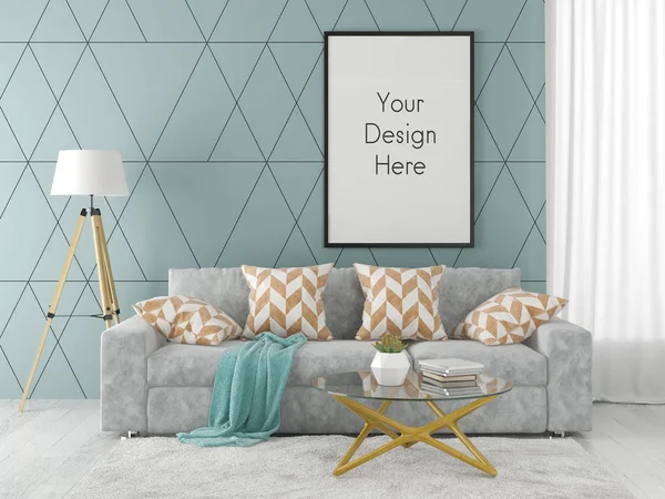 Інтер'єр сучасної вітальні з диваном і меблями 3D візуалізація — стокове фото