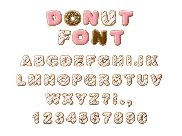 Donuts decorative font glazed sweet letters and numbers. Cute design. 3D illustration — Stock Photo, Image