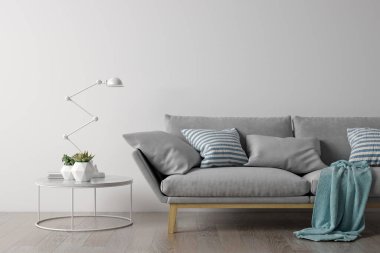 Modern oturma odası kanepe ve mobilya 3d render ile iç