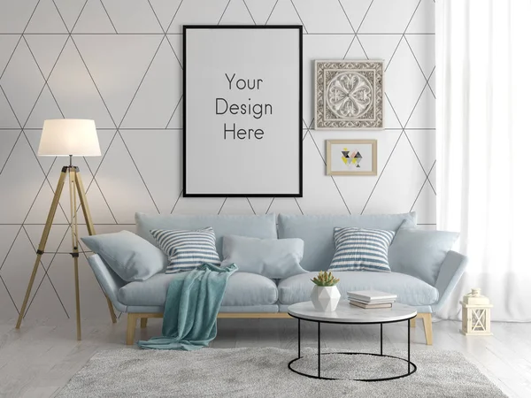 Інтер'єр сучасної вітальні з диваном і меблями 3D візуалізація — стокове фото