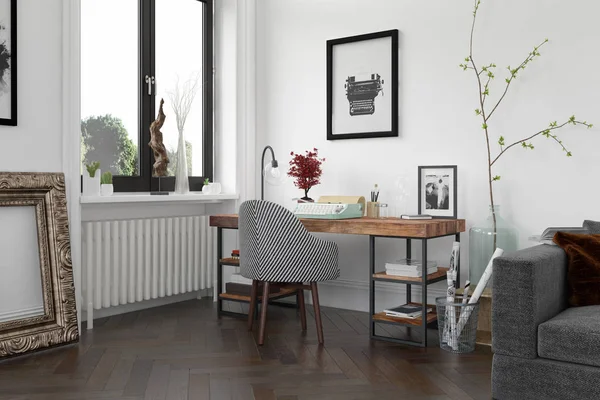 现代起居室内配沙发和家具3d 渲染 — 图库照片