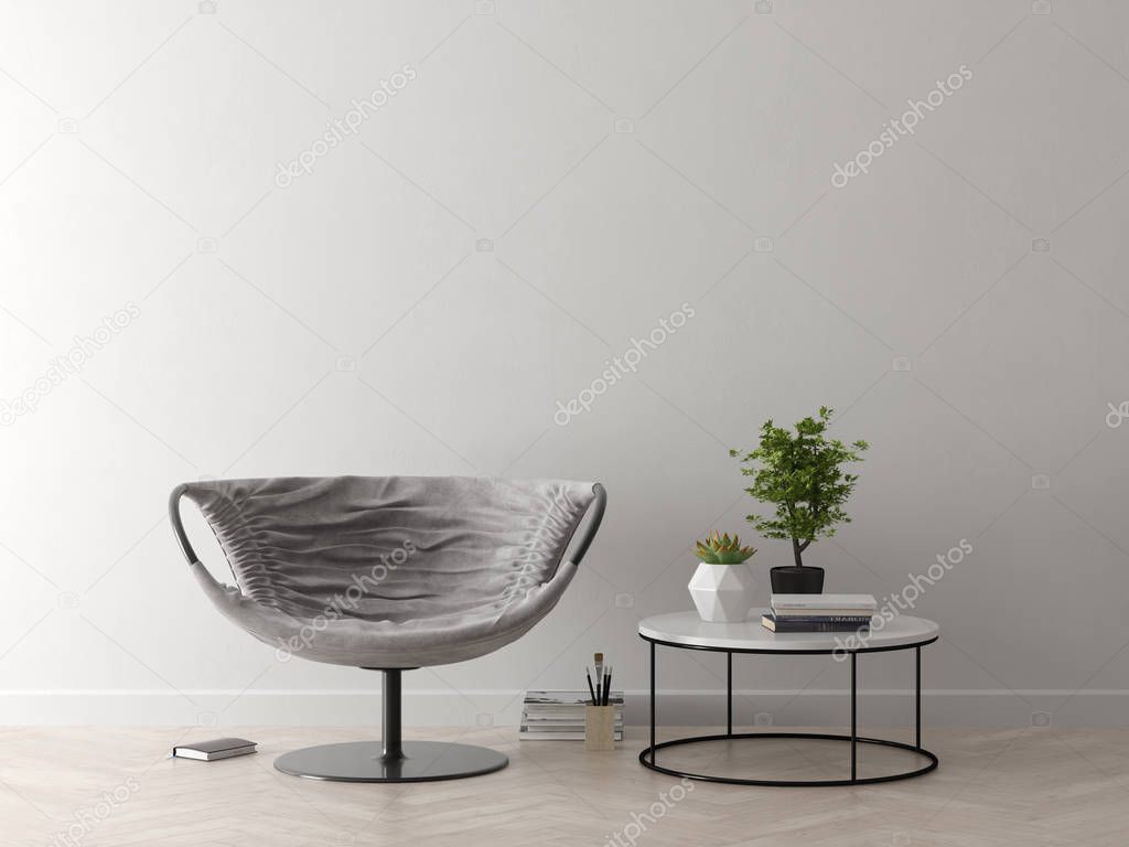 Interior of modern living room with chair 3D rendering