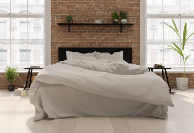 İç mekan ışık yatak odası. İskandinav tarzı. 3B işleme