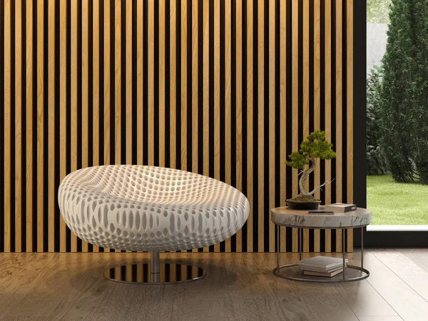 Интерьер современной гостиной со стулом 3D рендеринга — стоковое фото