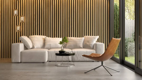 Interieur van moderne woonkamer met sofa 3d rendering — Stockfoto